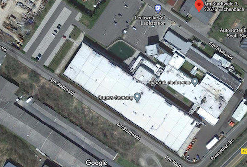 Rogers Germany GmbH, Eschenbach, Germany, Company building with production extension, bird's eye view