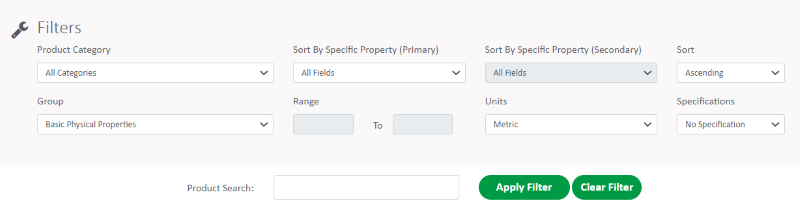 DeWAL Product Properties Guide search menu options